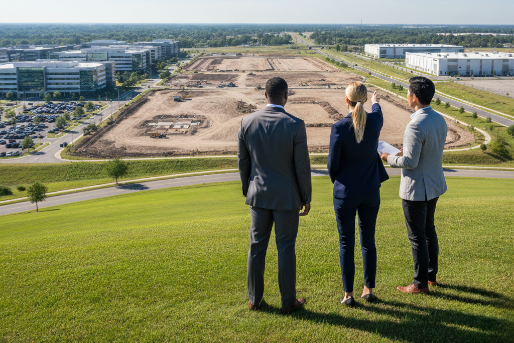 Professionals in a field overlooking construction - Location Feasibility Analysis